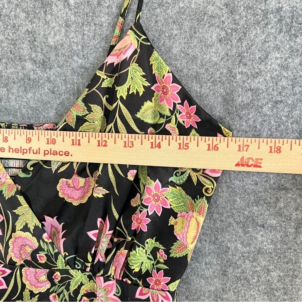 NSR Maxi Dress Satin Polyester Floral Black Pink Green Side Slit Size Small - Picture 6 of 12